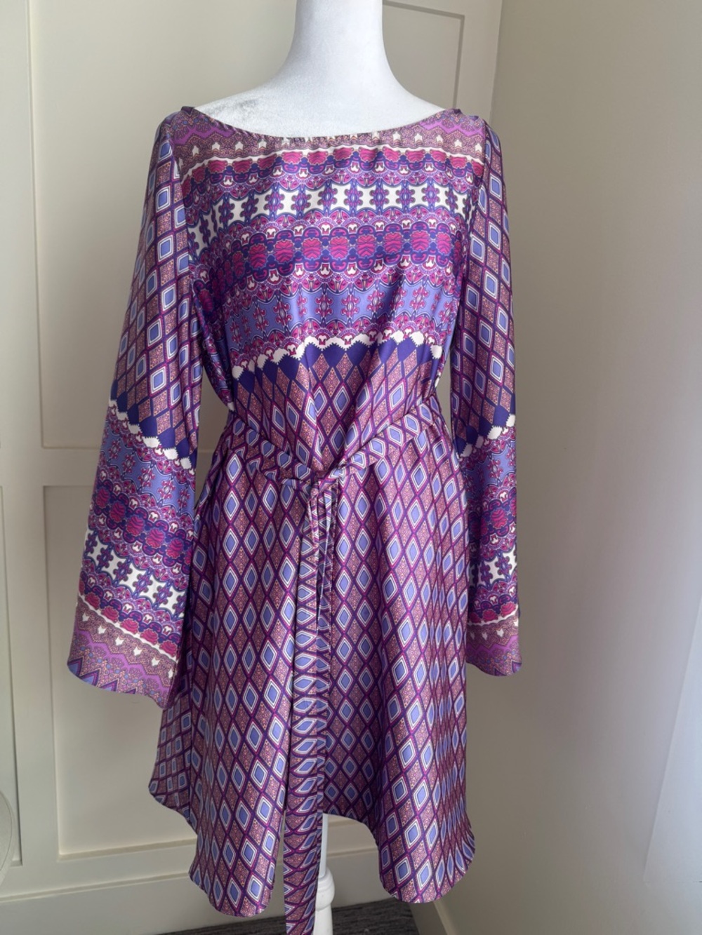 Misa Los Angeles Purple Patterned Tie-Waist Long Sleeve Dress